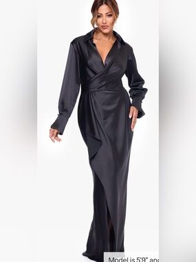 Xscape Black Emery Satin Collar Long Sleeve  Dress Size 8. NWT.